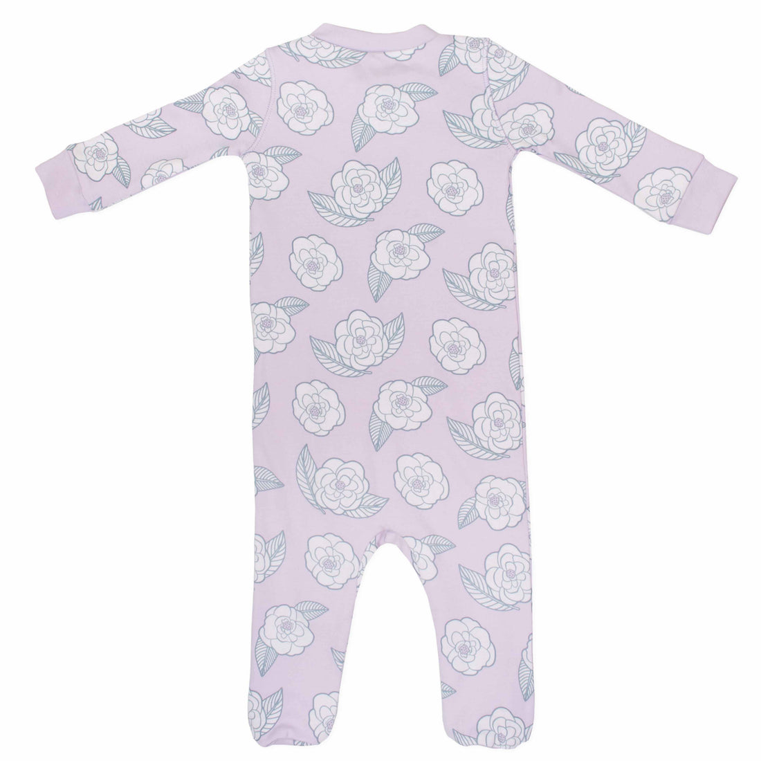 pink footed pajama with camellia flower pattern made in pima cotton - back view