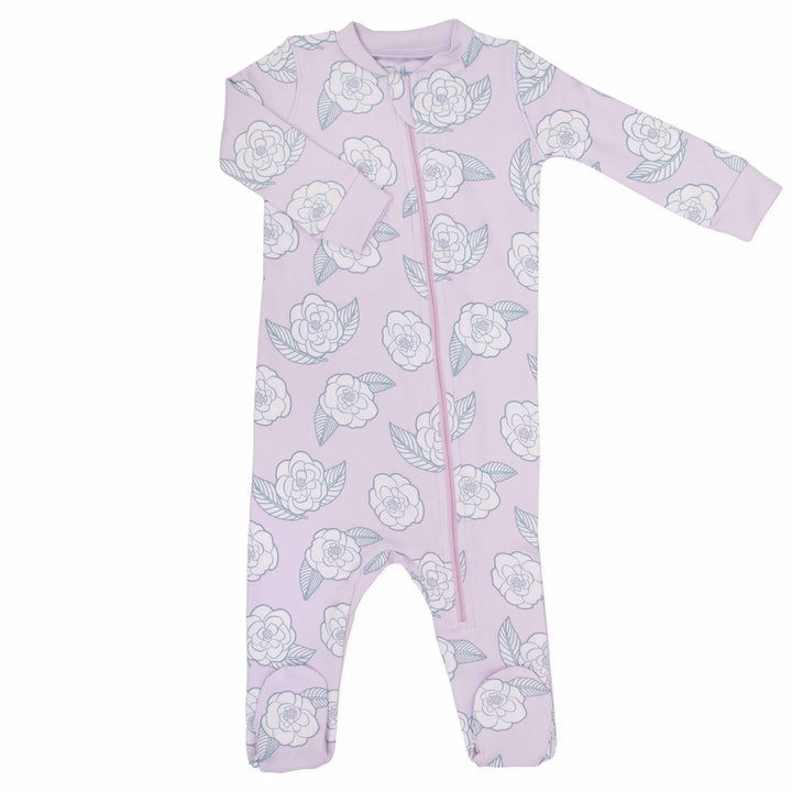 pink footed pajama with camellia flower pattern made in pima cotton