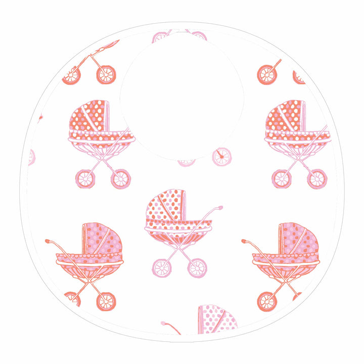white baby bib with pink baby carriage pattern by heyward house