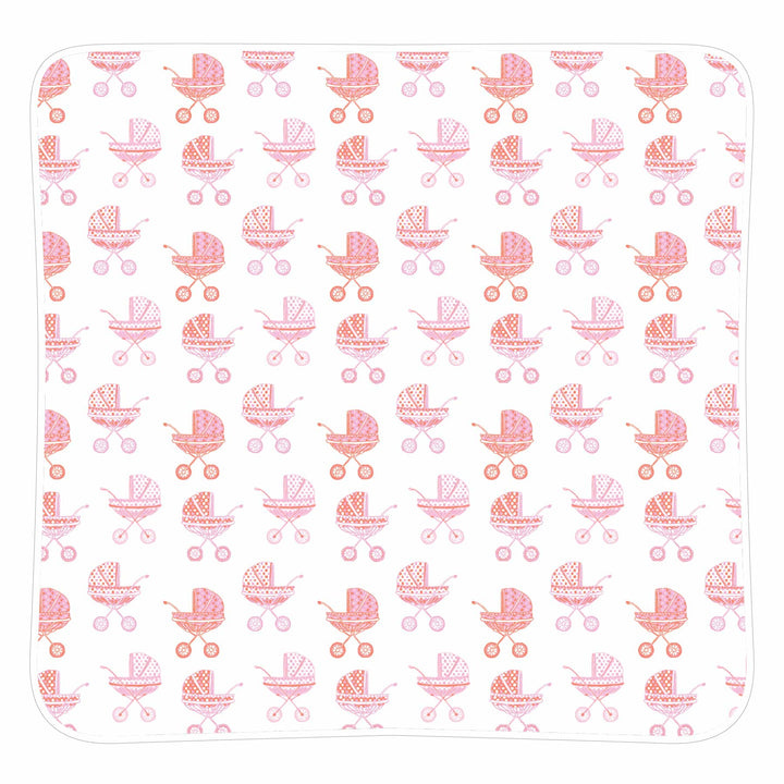 white baby blanket with pink pram pattern by heyward house