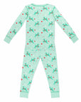 Mint green two-piece pajama set with vintage Christmas reindeer pattern made with pima cotton - back view