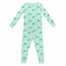 Mint green two-piece pajama set with vintage Christmas reindeer pattern made with pima cotton