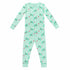 Mint green two-piece pajama set with vintage Christmas reindeer pattern made with pima cotton