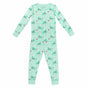 Mint green two-piece pajama set with vintage Christmas reindeer pattern made with pima cotton