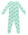 Mint green two-piece pajama set with vintage Christmas reindeer pattern made with pima cotton