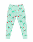 Mint green two-piece pajama bottoms with vintage Christmas reindeer pattern made with pima cotton