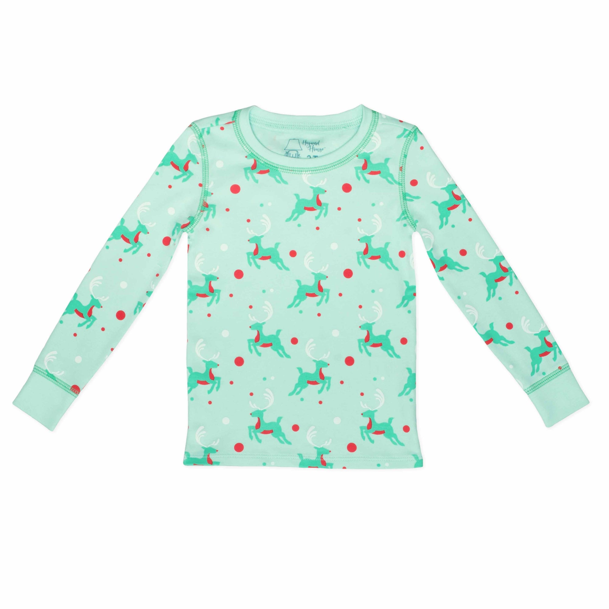 Mint green two-piece pajama top with vintage Christmas reindeer pattern made with pima cotton