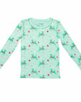 Mint green two-piece pajama top with vintage Christmas reindeer pattern made with pima cotton